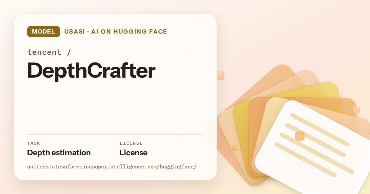 Generated amber layered-card artwork for the model tencent/DepthCrafter, labeled USASI · AI on Hugging Face, with Task: Depth estimation · License: License.