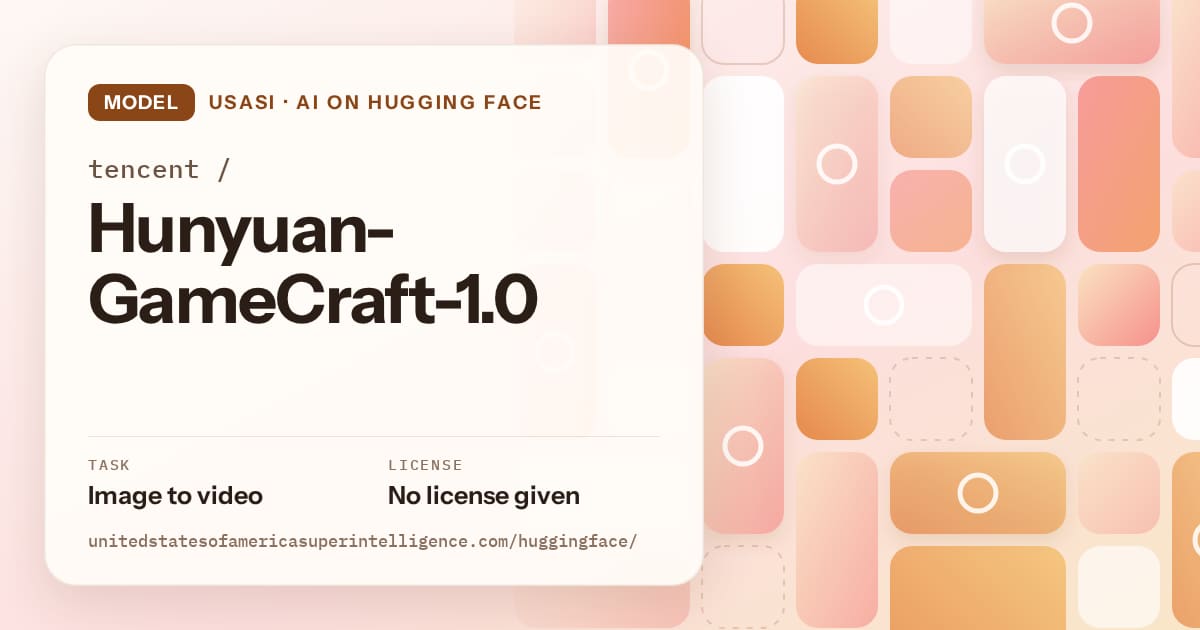 Generated orange tile-mosaic artwork for the model tencent/Hunyuan-GameCraft-1.0, labeled USASI · AI on Hugging Face, with Task: Image to video · License: No license given.