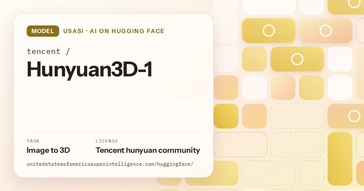 Generated gold tile-mosaic artwork for the model tencent/Hunyuan3D-1, labeled USASI · AI on Hugging Face, with Task: Image to 3D · License: Tencent hunyuan community.