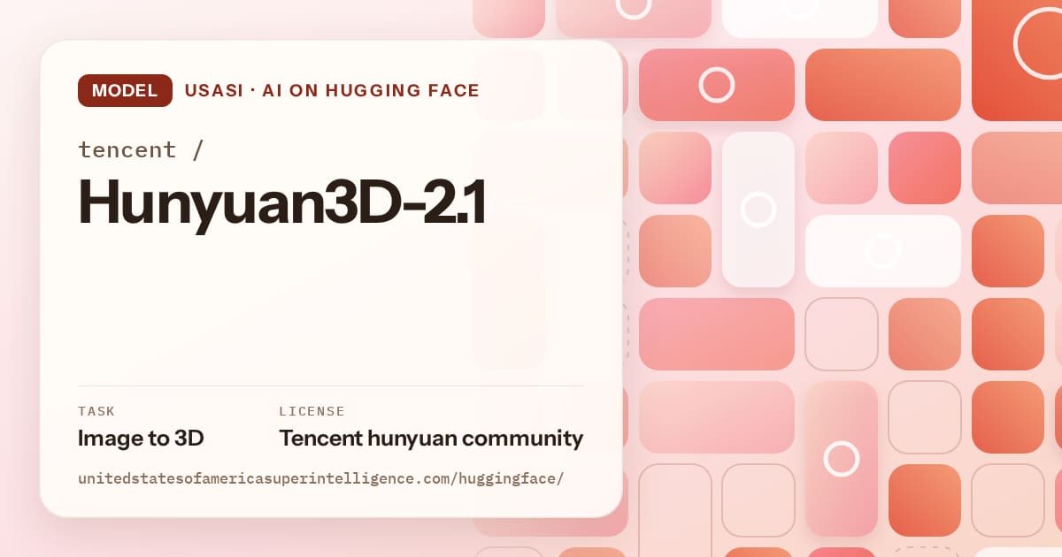 Generated coral tile-mosaic artwork for the model tencent/Hunyuan3D-2.1, labeled USASI · AI on Hugging Face, with Task: Image to 3D · License: Tencent hunyuan community.
