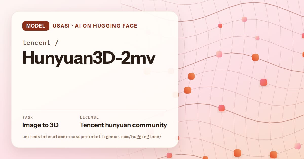 Generated tangerine wave-lattice artwork for the model tencent/Hunyuan3D-2mv, labeled USASI · AI on Hugging Face, with Task: Image to 3D · License: Tencent hunyuan community.