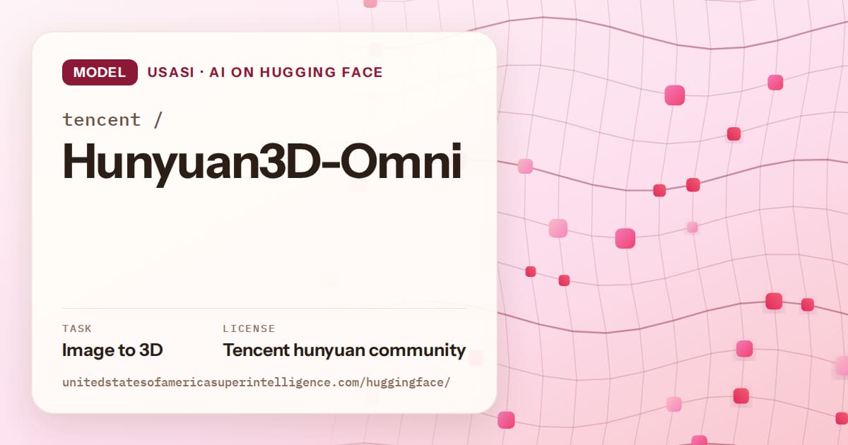 Generated rose wave-lattice artwork for the model tencent/Hunyuan3D-Omni, labeled USASI · AI on Hugging Face, with Task: Image to 3D · License: Tencent hunyuan community.