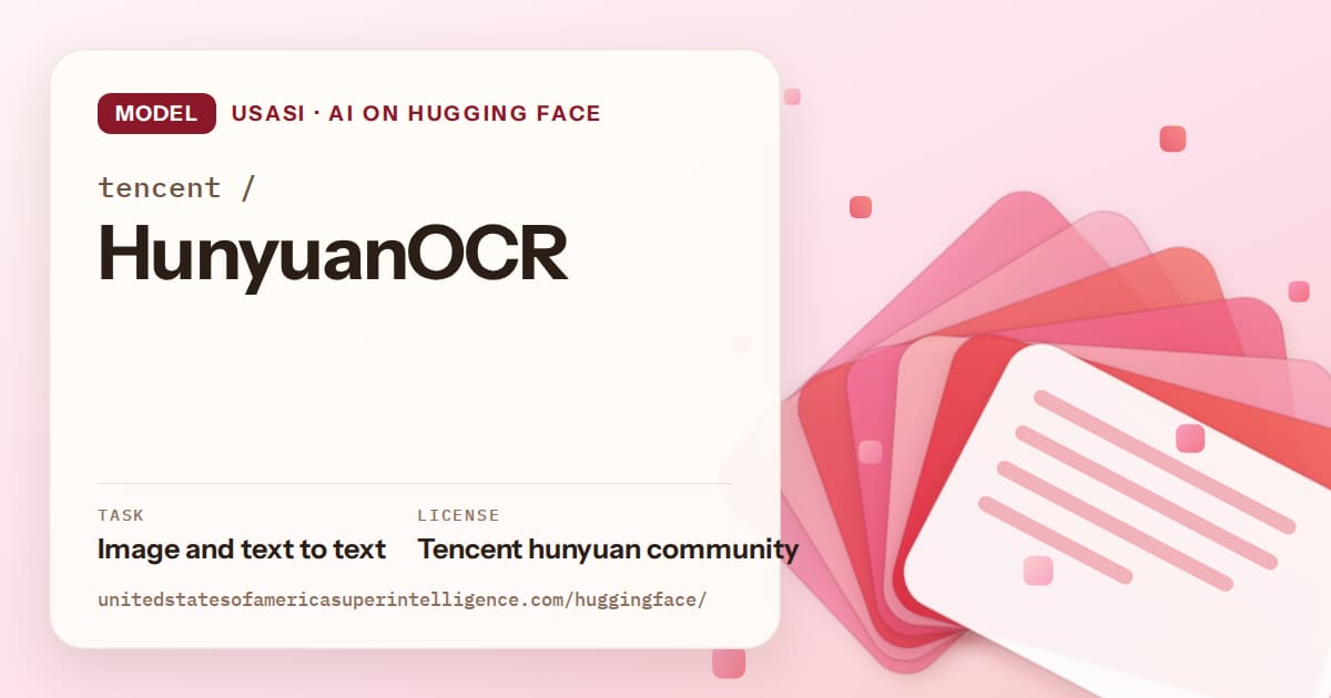 Generated coral layered-card artwork for the model tencent/HunyuanOCR, labeled USASI · AI on Hugging Face, with Task: Image and text to text · License: Tencent hunyuan community.