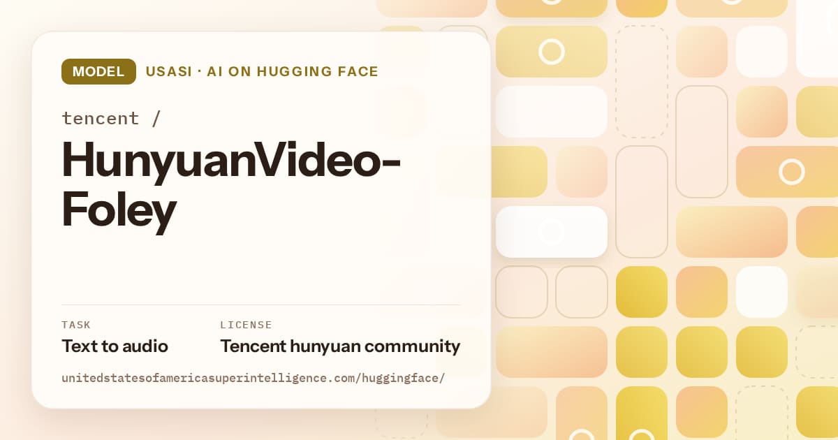 Generated gold tile-mosaic artwork for the model tencent/HunyuanVideo-Foley, labeled USASI · AI on Hugging Face, with Task: Text to audio · License: Tencent hunyuan community.