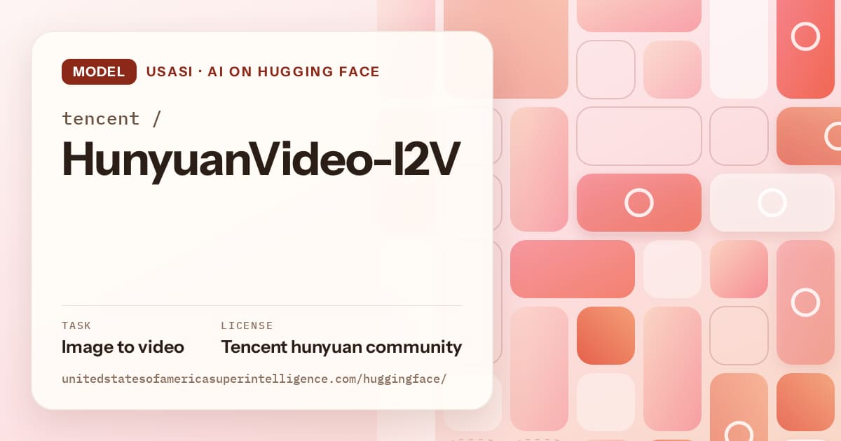 Generated coral tile-mosaic artwork for the model tencent/HunyuanVideo-I2V, labeled USASI · AI on Hugging Face, with Task: Image to video · License: Tencent hunyuan community.