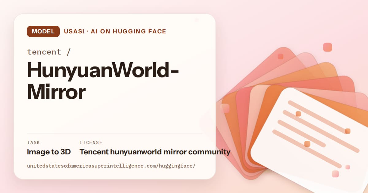 Generated tangerine layered-card artwork for the model tencent/HunyuanWorld-Mirror, labeled USASI · AI on Hugging Face, with Task: Image to 3D · License: Tencent hunyuanworld mirror community.