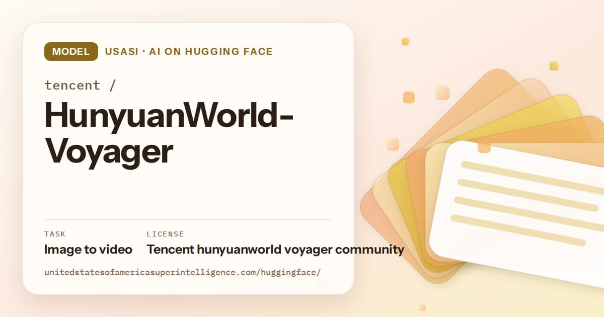 Generated amber layered-card artwork for the model tencent/HunyuanWorld-Voyager, labeled USASI · AI on Hugging Face, with Task: Image to video · License: Tencent hunyuanworld voyager community.