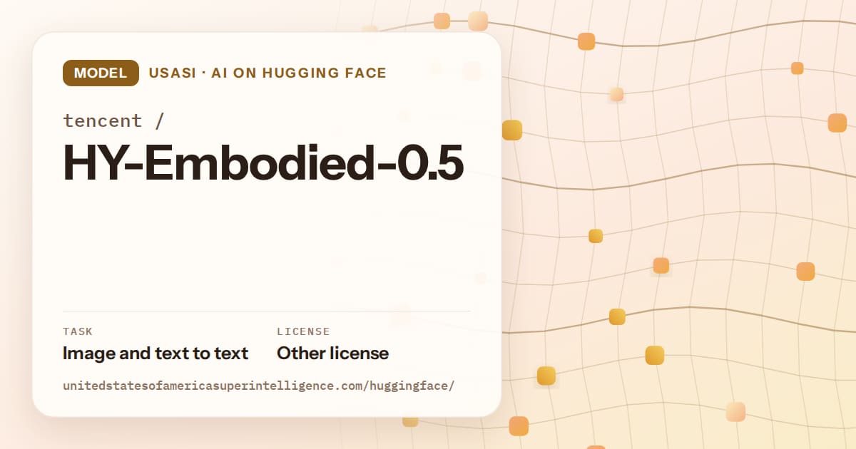 Generated amber wave-lattice artwork for the model tencent/HY-Embodied-0.5, labeled USASI · AI on Hugging Face, with Task: Image and text to text · License: Other license.