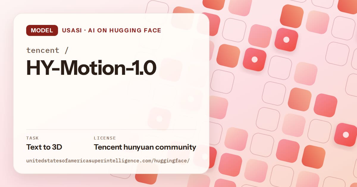 Generated coral rounded-tile grid artwork for the model tencent/HY-Motion-1.0, labeled USASI · AI on Hugging Face, with Task: Text to 3D · License: Tencent hunyuan community.