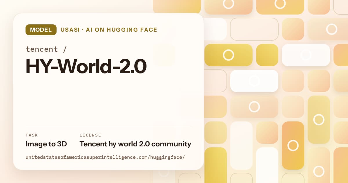 Generated gold tile-mosaic artwork for the model tencent/HY-World-2.0, labeled USASI · AI on Hugging Face, with Task: Image to 3D · License: Tencent hy world 2.0 community.