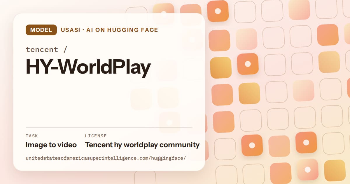 Generated orange rounded-tile grid artwork for the model tencent/HY-WorldPlay, labeled USASI · AI on Hugging Face, with Task: Image to video · License: Tencent hy worldplay community.
