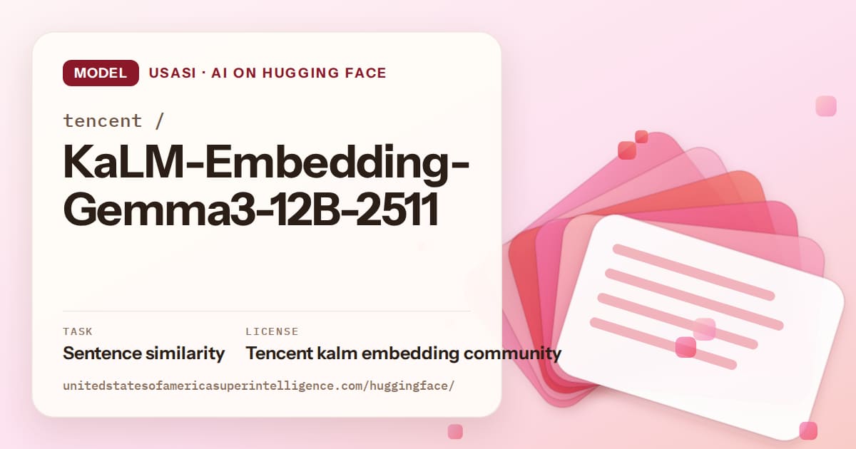 Generated coral layered-card artwork for the model tencent/KaLM-Embedding-Gemma3-12B-2511, labeled USASI · AI on Hugging Face, with Task: Sentence similarity · License: Tencent kalm embedding community.