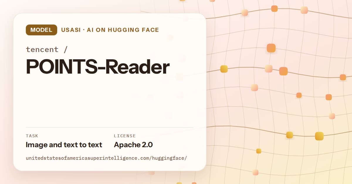 Generated amber wave-lattice artwork for the model tencent/POINTS-Reader, labeled USASI · AI on Hugging Face, with Task: Image and text to text · License: Apache 2.0.