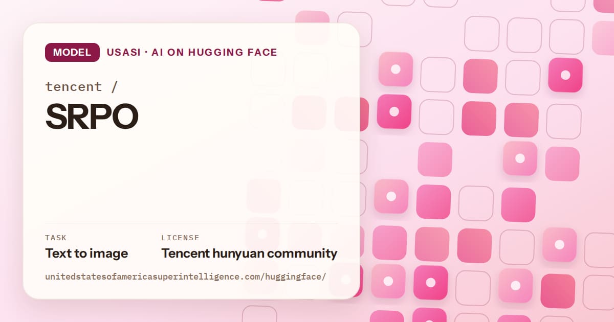 Generated rose rounded-tile grid artwork for the model tencent/SRPO, labeled USASI · AI on Hugging Face, with Task: Text to image · License: Tencent hunyuan community.