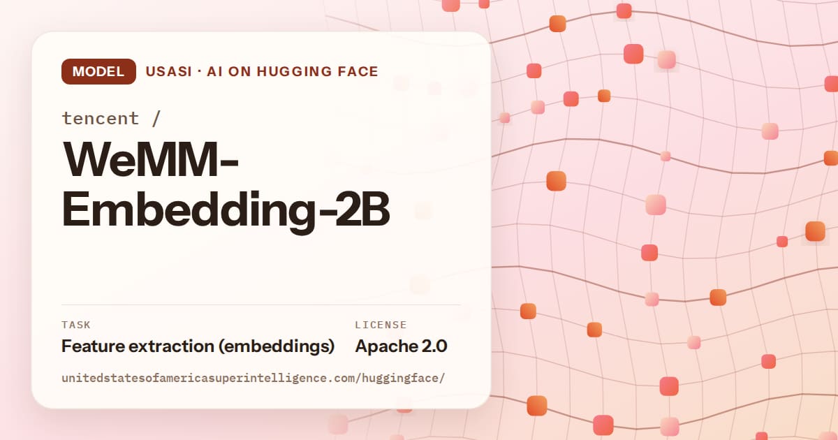 Generated tangerine wave-lattice artwork for the model tencent/WeMM-Embedding-2B, labeled USASI · AI on Hugging Face, with Task: Feature extraction (embeddings) · License: Apache 2.0.