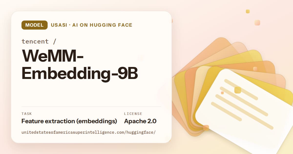 Generated amber layered-card artwork for the model tencent/WeMM-Embedding-9B, labeled USASI · AI on Hugging Face, with Task: Feature extraction (embeddings) · License: Apache 2.0.