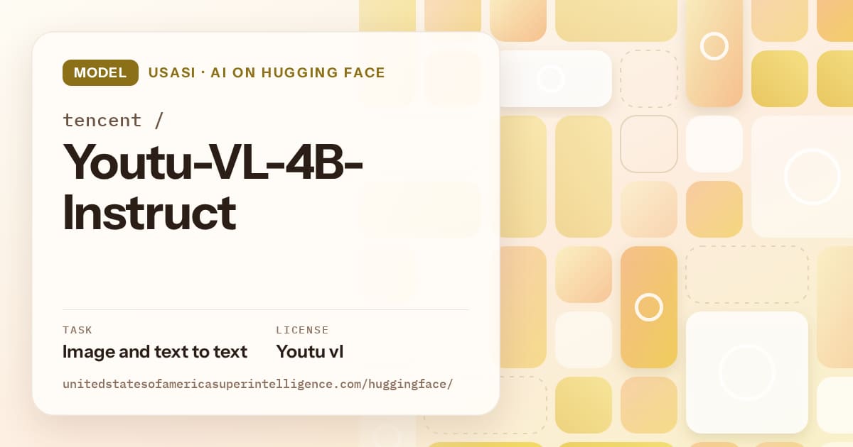 Generated gold tile-mosaic artwork for the model tencent/Youtu-VL-4B-Instruct, labeled USASI · AI on Hugging Face, with Task: Image and text to text · License: Youtu vl.