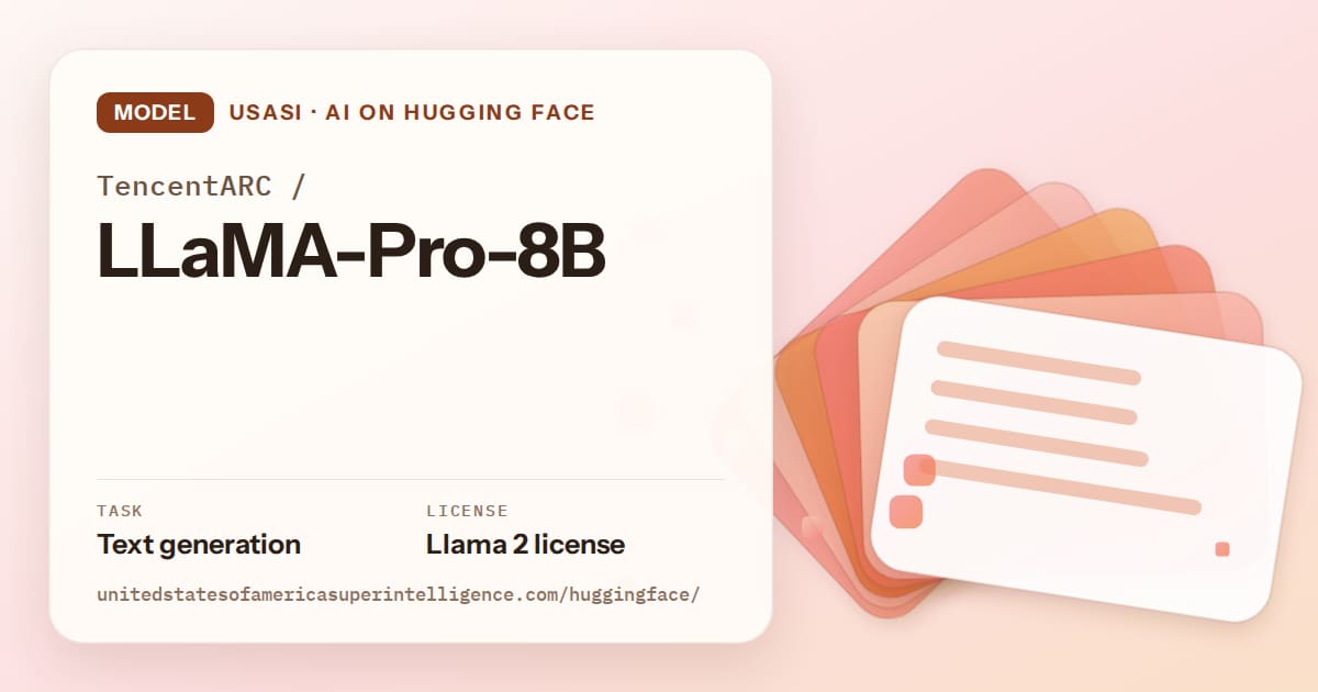 Generated tangerine layered-card artwork for the model TencentARC/LLaMA-Pro-8B, labeled USASI · AI on Hugging Face, with Task: Text generation · License: Llama 2 license.