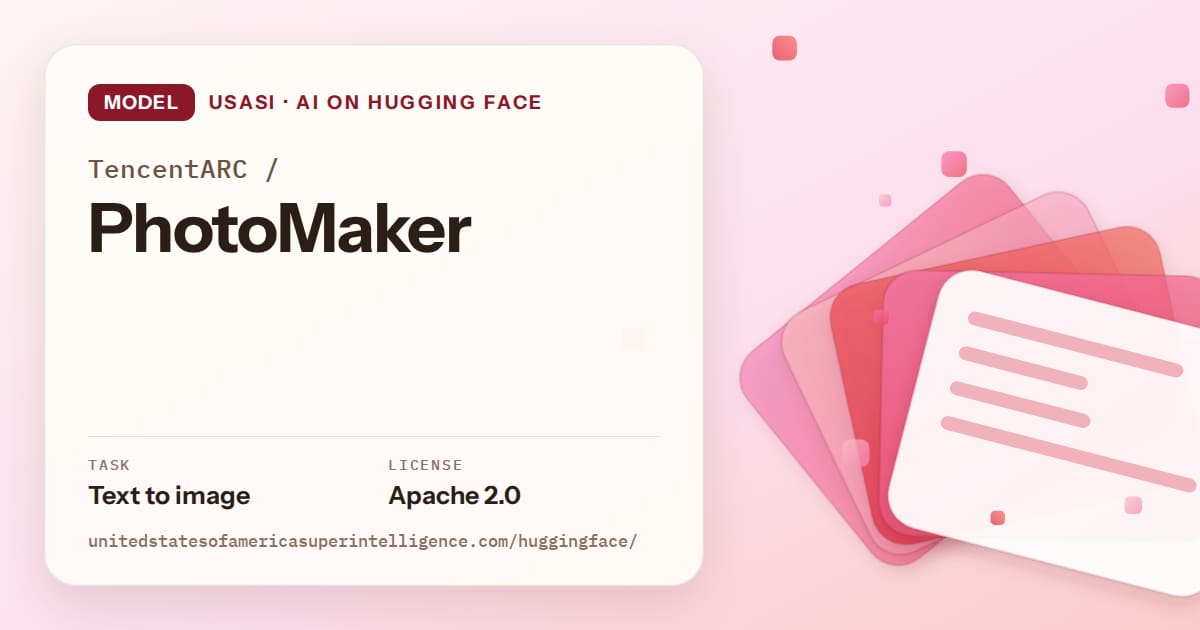 Generated coral layered-card artwork for the model TencentARC/PhotoMaker, labeled USASI · AI on Hugging Face, with Task: Text to image · License: Apache 2.0.