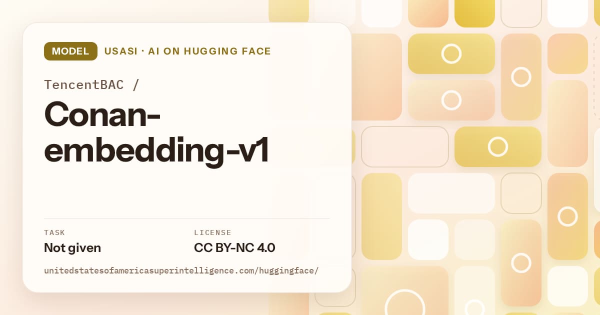 Generated gold tile-mosaic artwork for the model TencentBAC/Conan-embedding-v1, labeled USASI · AI on Hugging Face, with Task: Not given · License: CC BY-NC 4.0.
