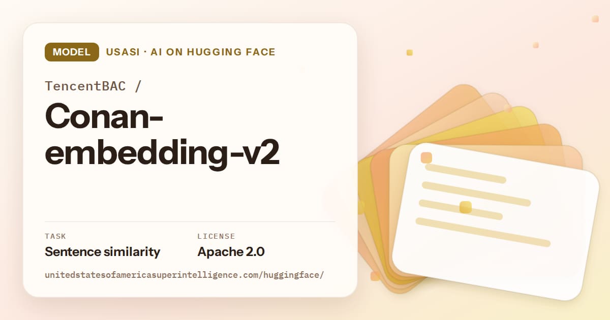 Generated amber layered-card artwork for the model TencentBAC/Conan-embedding-v2, labeled USASI · AI on Hugging Face, with Task: Sentence similarity · License: Apache 2.0.