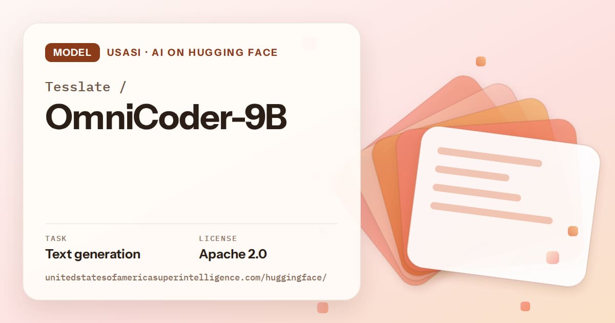 Generated tangerine layered-card artwork for the model Tesslate/OmniCoder-9B, labeled USASI · AI on Hugging Face, with Task: Text generation · License: Apache 2.0.