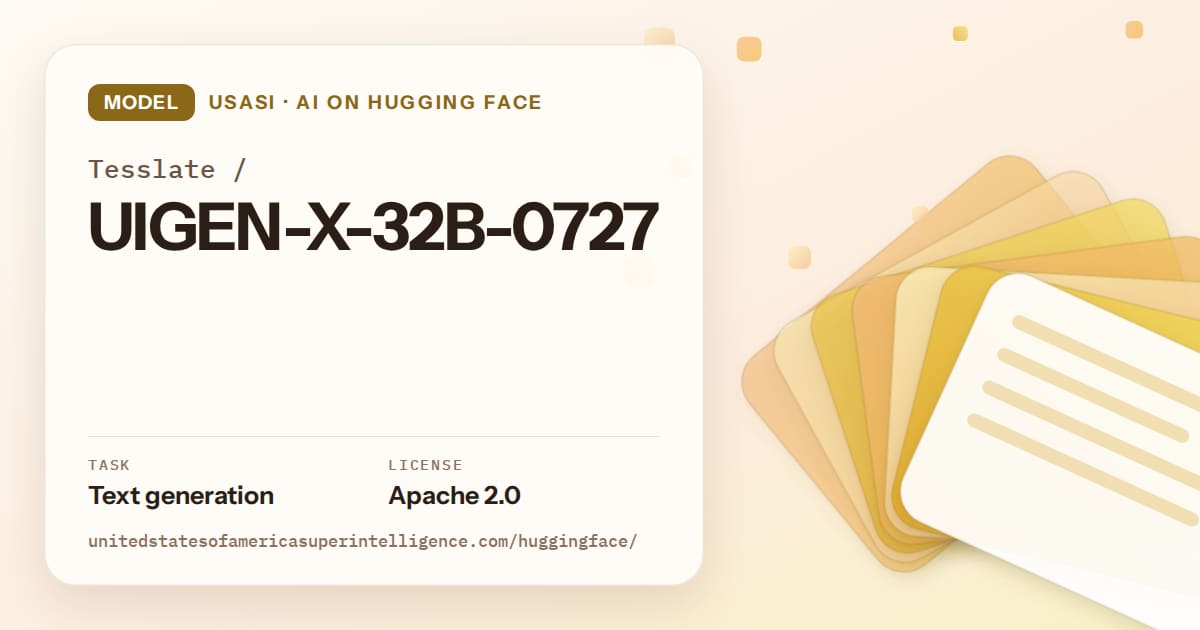 Generated amber layered-card artwork for the model Tesslate/UIGEN-X-32B-0727, labeled USASI · AI on Hugging Face, with Task: Text generation · License: Apache 2.0.