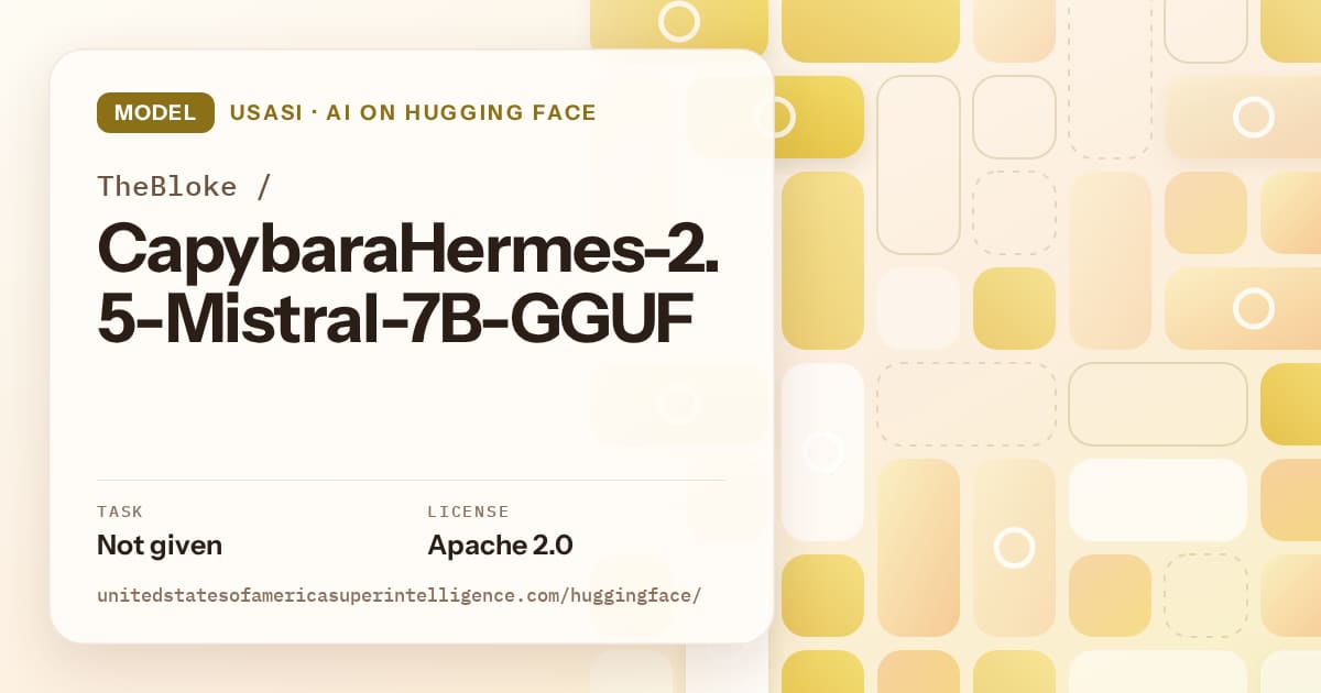 Generated gold tile-mosaic artwork for the model TheBloke/CapybaraHermes-2.5-Mistral-7B-GGUF, labeled USASI · AI on Hugging Face, with Task: Not given · License: Apache 2.0.