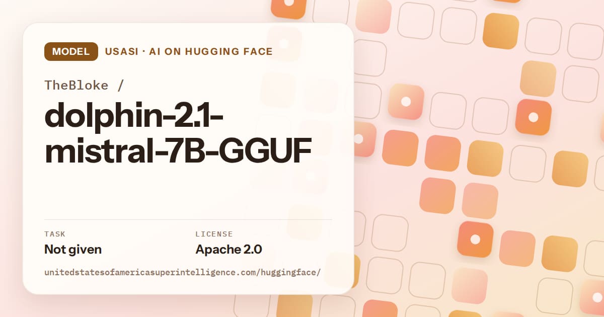 Generated orange rounded-tile grid artwork for the model TheBloke/dolphin-2.1-mistral-7B-GGUF, labeled USASI · AI on Hugging Face, with Task: Not given · License: Apache 2.0.