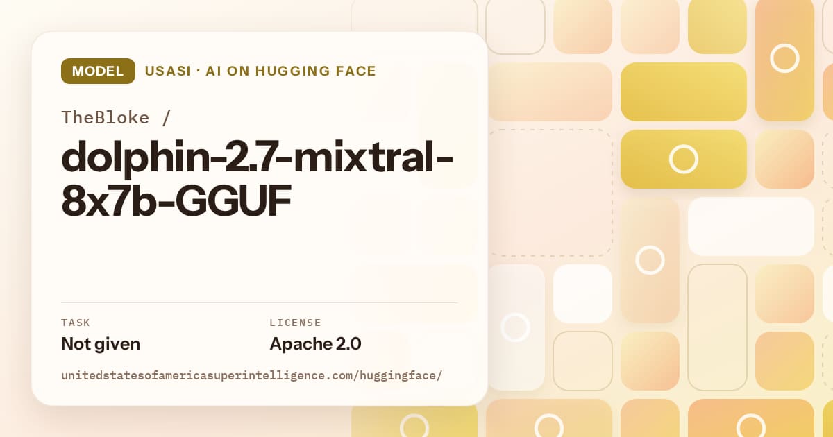 Generated gold tile-mosaic artwork for the model TheBloke/dolphin-2.7-mixtral-8x7b-GGUF, labeled USASI · AI on Hugging Face, with Task: Not given · License: Apache 2.0.