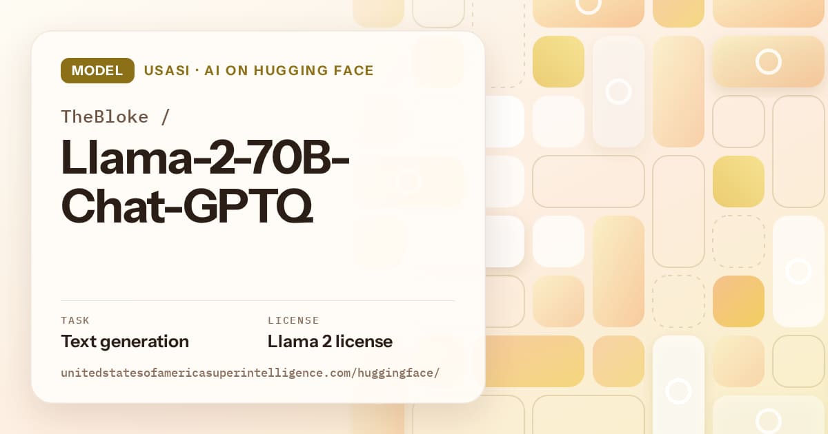 Generated gold tile-mosaic artwork for the model TheBloke/Llama-2-70B-Chat-GPTQ, labeled USASI · AI on Hugging Face, with Task: Text generation · License: Llama 2 license.