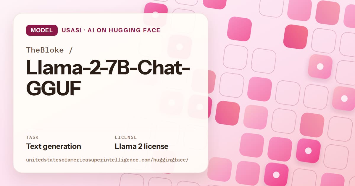 Generated rose rounded-tile grid artwork for the model TheBloke/Llama-2-7B-Chat-GGUF, labeled USASI · AI on Hugging Face, with Task: Text generation · License: Llama 2 license.