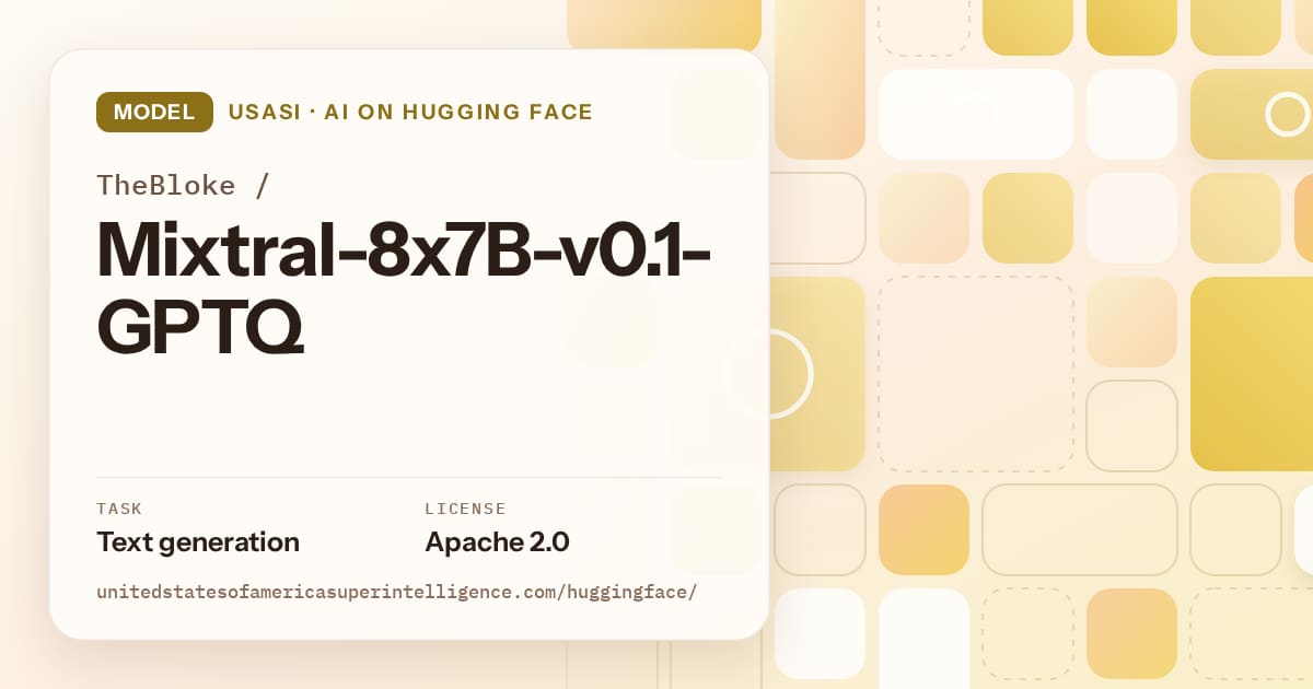 Generated gold tile-mosaic artwork for the model TheBloke/Mixtral-8x7B-v0.1-GPTQ, labeled USASI · AI on Hugging Face, with Task: Text generation · License: Apache 2.0.