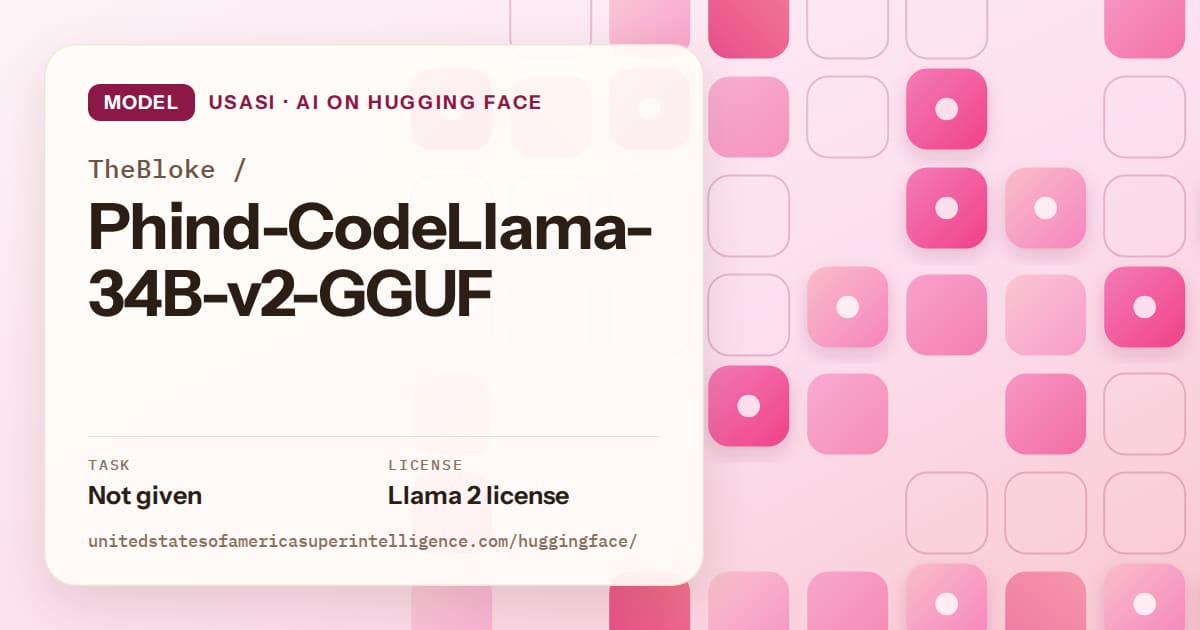 Generated rose rounded-tile grid artwork for the model TheBloke/Phind-CodeLlama-34B-v2-GGUF, labeled USASI · AI on Hugging Face, with Task: Not given · License: Llama 2 license.