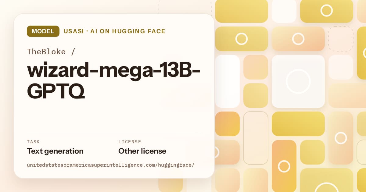 Generated gold tile-mosaic artwork for the model TheBloke/wizard-mega-13B-GPTQ, labeled USASI · AI on Hugging Face, with Task: Text generation · License: Other license.