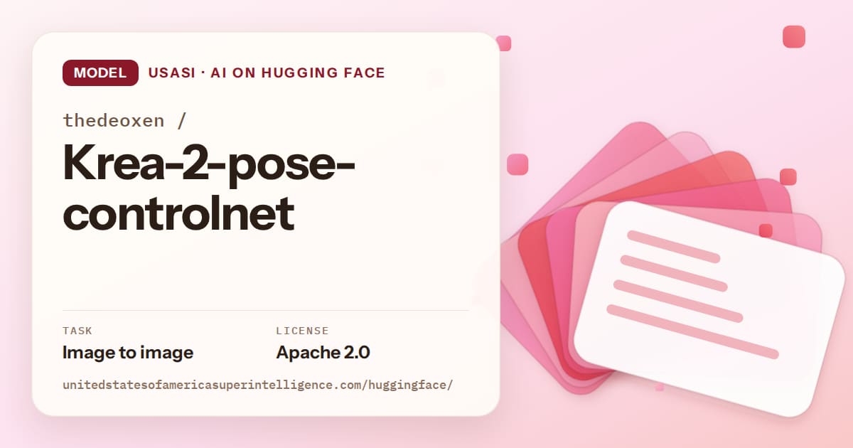 Generated coral layered-card artwork for the model thedeoxen/Krea-2-pose-controlnet, labeled USASI · AI on Hugging Face, with Task: Image to image · License: Apache 2.0.