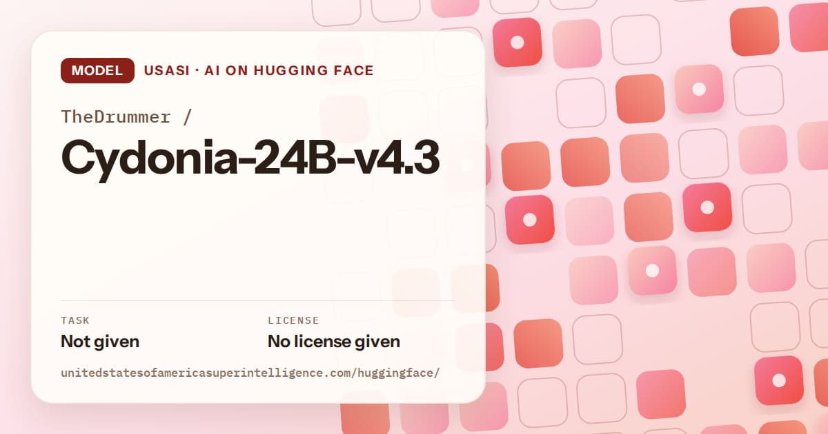 Generated coral rounded-tile grid artwork for the model TheDrummer/Cydonia-24B-v4.3, labeled USASI · AI on Hugging Face, with Task: Not given · License: No license given.