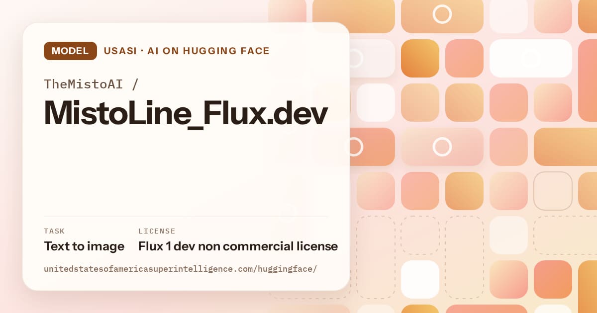 Generated orange tile-mosaic artwork for the model TheMistoAI/MistoLine_Flux.dev, labeled USASI · AI on Hugging Face, with Task: Text to image · License: Flux 1 dev non commercial license.