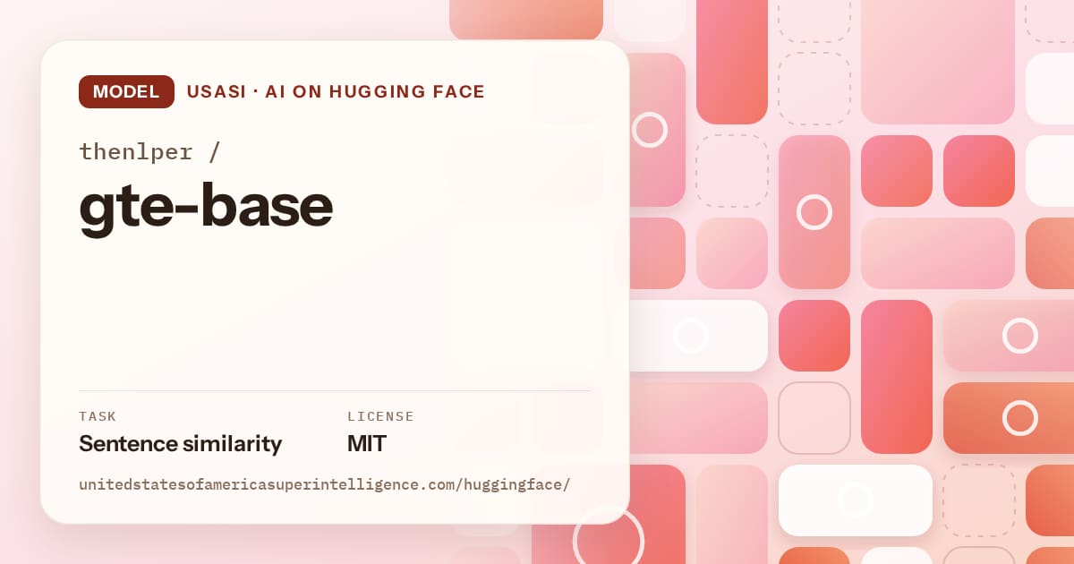 Generated coral tile-mosaic artwork for the model thenlper/gte-base, labeled USASI · AI on Hugging Face, with Task: Sentence similarity · License: MIT.