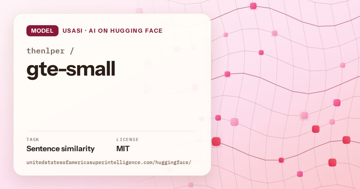 Generated rose wave-lattice artwork for the model thenlper/gte-small, labeled USASI · AI on Hugging Face, with Task: Sentence similarity · License: MIT.