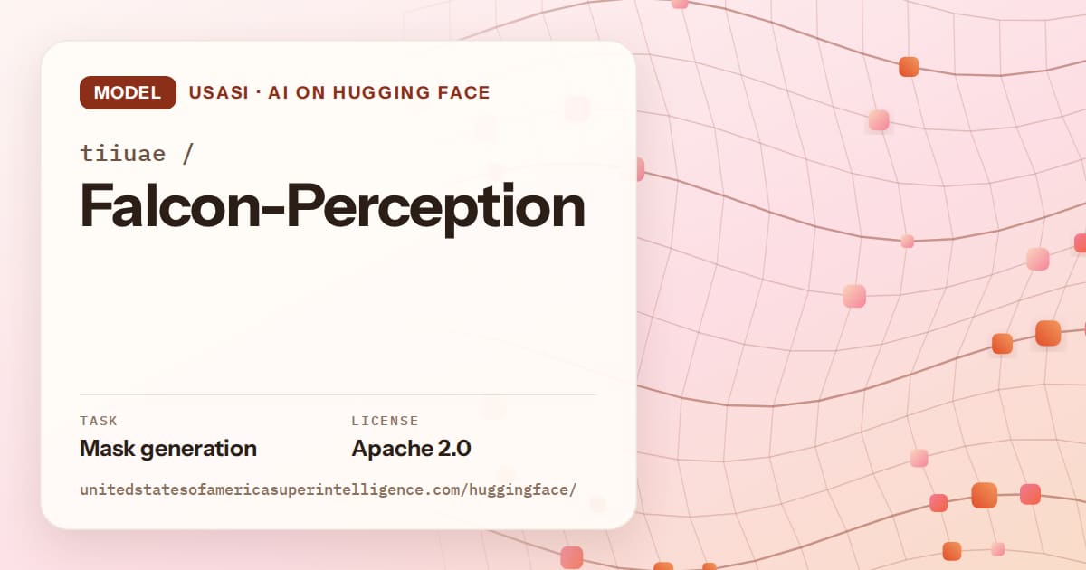Generated tangerine wave-lattice artwork for the model tiiuae/Falcon-Perception, labeled USASI · AI on Hugging Face, with Task: Mask generation · License: Apache 2.0.