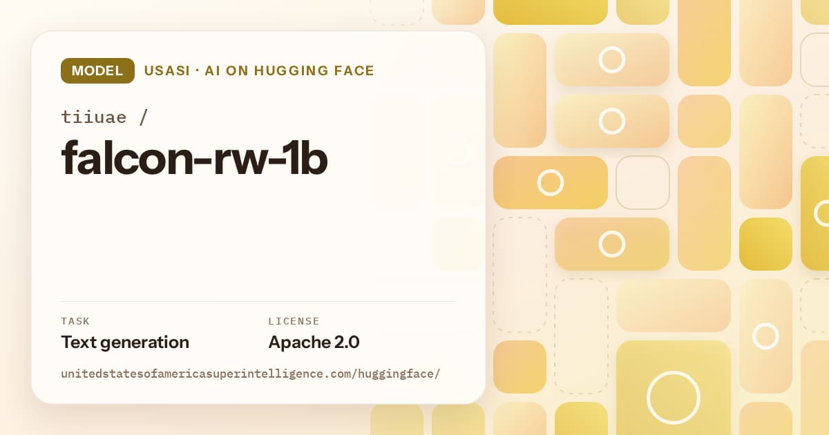 Generated gold tile-mosaic artwork for the model tiiuae/falcon-rw-1b, labeled USASI · AI on Hugging Face, with Task: Text generation · License: Apache 2.0.