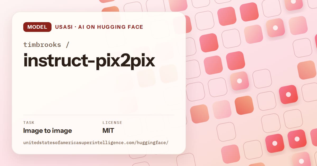 Generated coral rounded-tile grid artwork for the model timbrooks/instruct-pix2pix, labeled USASI · AI on Hugging Face, with Task: Image to image · License: MIT.