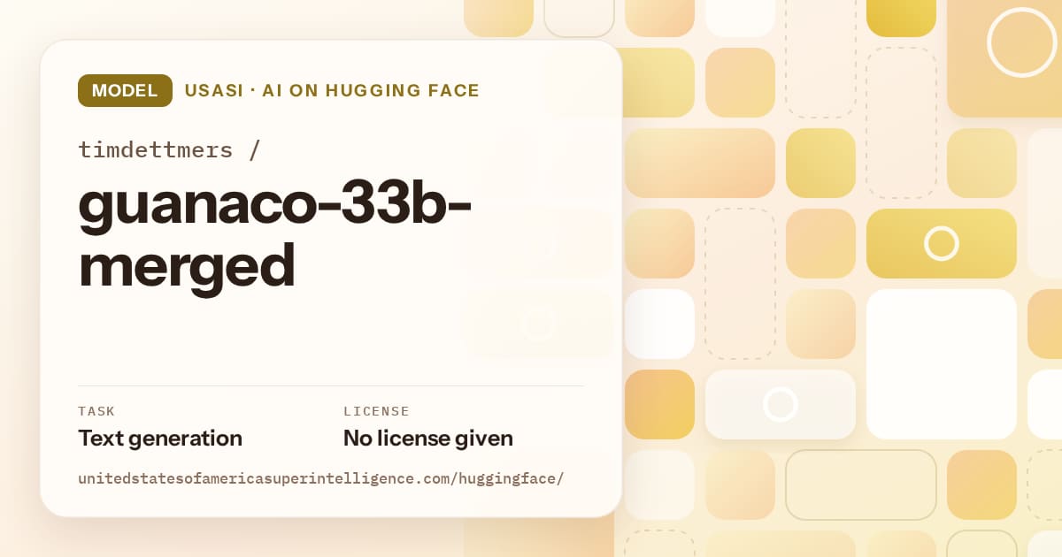Generated gold tile-mosaic artwork for the model timdettmers/guanaco-33b-merged, labeled USASI · AI on Hugging Face, with Task: Text generation · License: No license given.