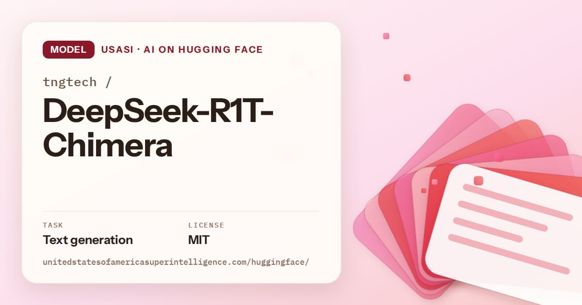 Generated coral layered-card artwork for the model tngtech/DeepSeek-R1T-Chimera, labeled USASI · AI on Hugging Face, with Task: Text generation · License: MIT.