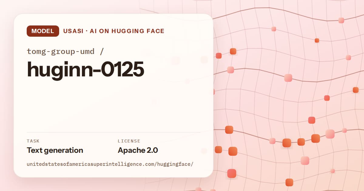 Generated tangerine wave-lattice artwork for the model tomg-group-umd/huginn-0125, labeled USASI · AI on Hugging Face, with Task: Text generation · License: Apache 2.0.