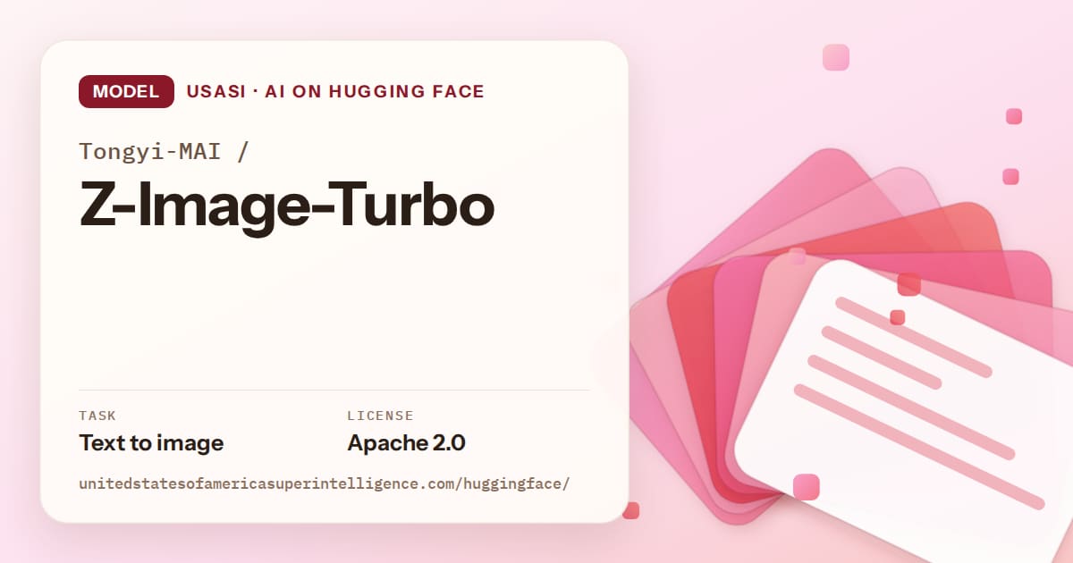 Generated coral layered-card artwork for the model Tongyi-MAI/Z-Image-Turbo, labeled USASI · AI on Hugging Face, with Task: Text to image · License: Apache 2.0.