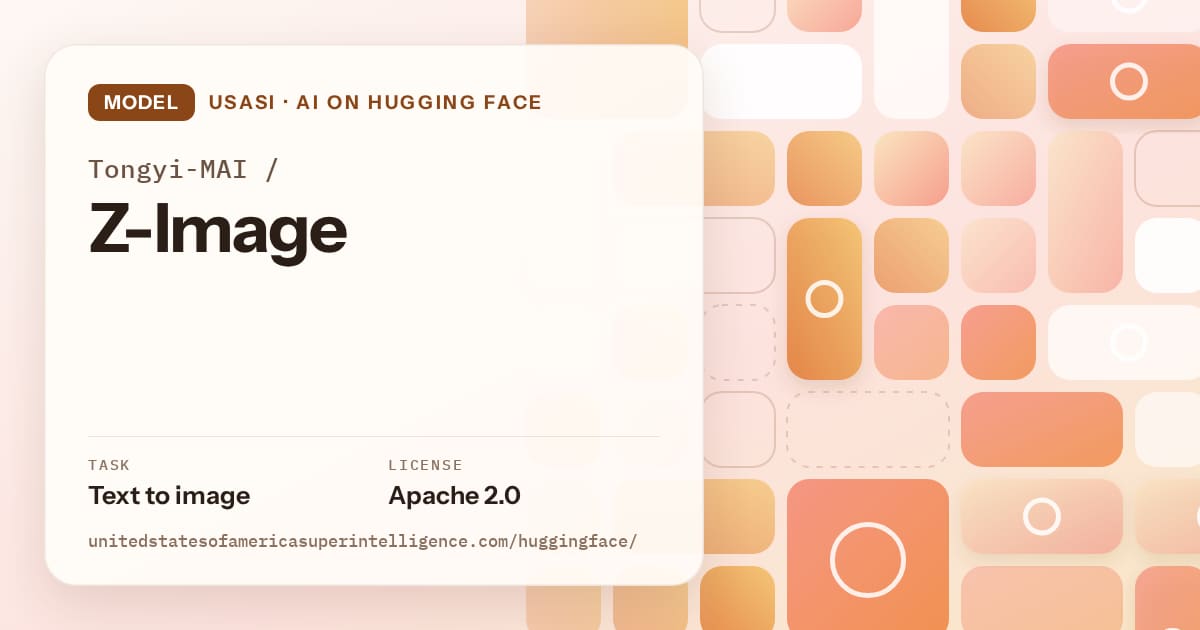 Generated orange tile-mosaic artwork for the model Tongyi-MAI/Z-Image, labeled USASI · AI on Hugging Face, with Task: Text to image · License: Apache 2.0.