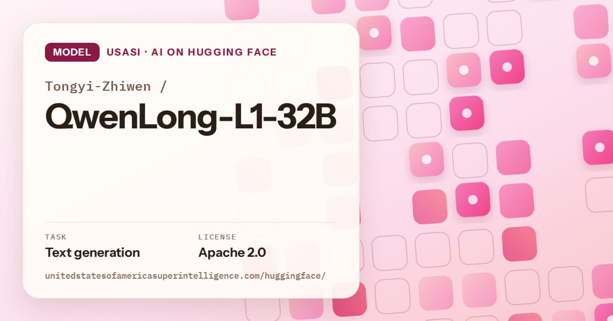 Generated rose rounded-tile grid artwork for the model Tongyi-Zhiwen/QwenLong-L1-32B, labeled USASI · AI on Hugging Face, with Task: Text generation · License: Apache 2.0.