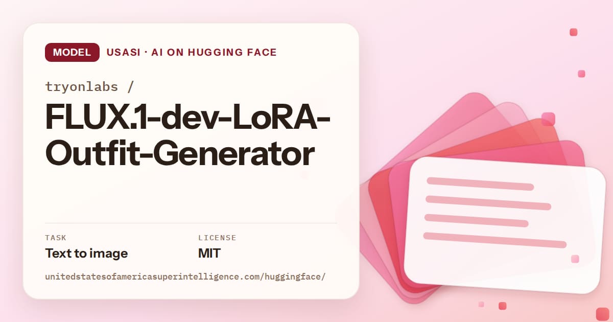Generated coral layered-card artwork for the model tryonlabs/FLUX.1-dev-LoRA-Outfit-Generator, labeled USASI · AI on Hugging Face, with Task: Text to image · License: MIT.